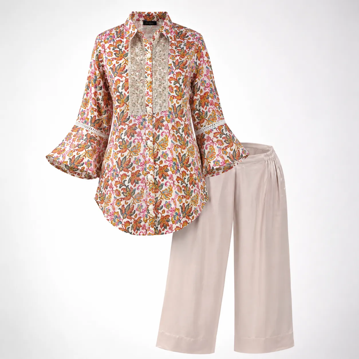 Floral Printed Cord Set With Beige Pants